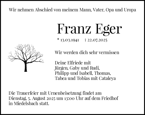Traueranzeige von Franz Eger von Waiblinger Kreiszeitung