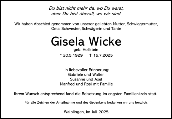 Traueranzeige von Gisela Wicke von Waiblinger Kreiszeitung