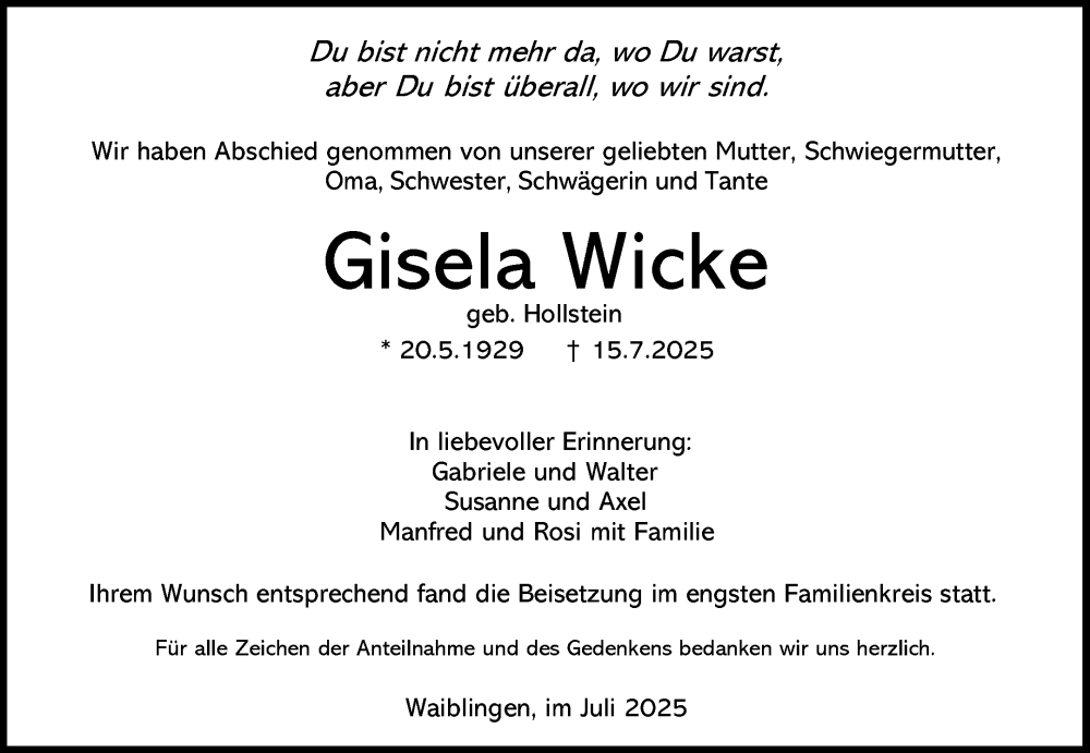  Traueranzeige für Gisela Wicke vom 28.07.2025 aus Waiblinger Kreiszeitung