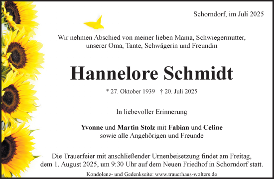 Traueranzeige von Hannelore Schmidt von Waiblinger Kreiszeitung