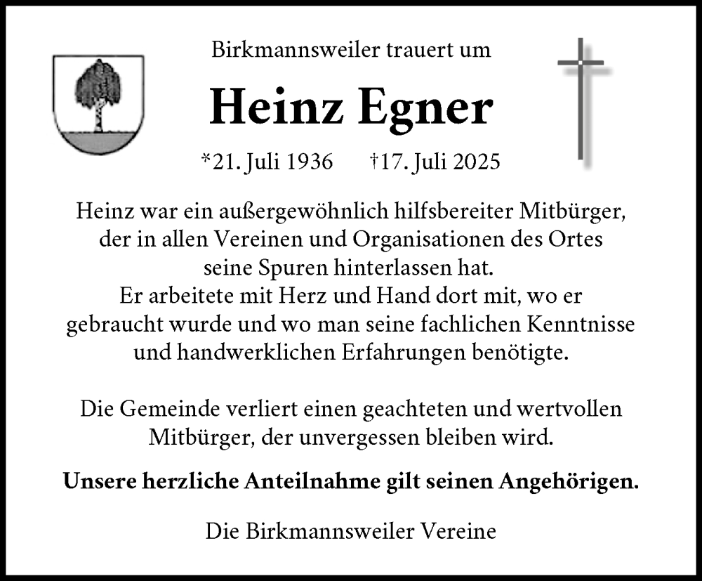  Traueranzeige für Heinz Egner vom 30.07.2025 aus Waiblinger Kreiszeitung