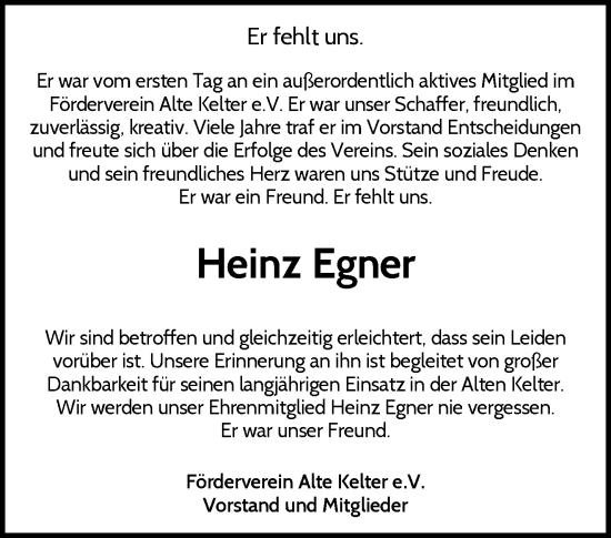 Traueranzeige von Heinz Egner von Waiblinger Kreiszeitung