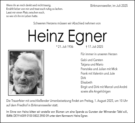 Traueranzeige von Heinz Egner von Waiblinger Kreiszeitung