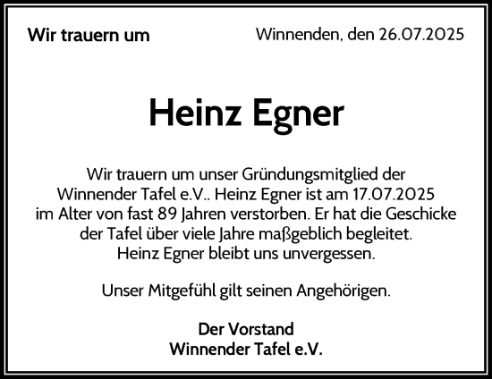 Traueranzeige von Heinz Egner von Waiblinger Kreiszeitung