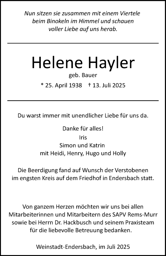 Traueranzeige von Helene Hayler von Waiblinger Kreiszeitung