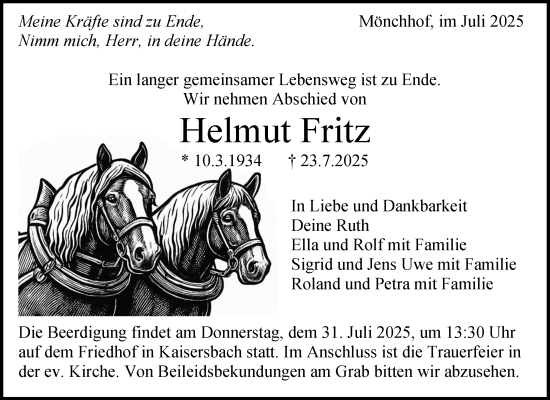 Traueranzeige von Helmut Fritz von Waiblinger Kreiszeitung