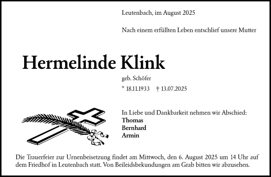 Traueranzeige von Hermelinde Klink von Waiblinger Kreiszeitung