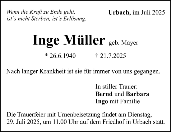 Traueranzeige von Inge Müller von Waiblinger Kreiszeitung