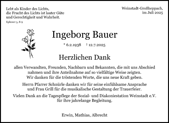 Traueranzeige von Ingeborg Bauer von Waiblinger Kreiszeitung