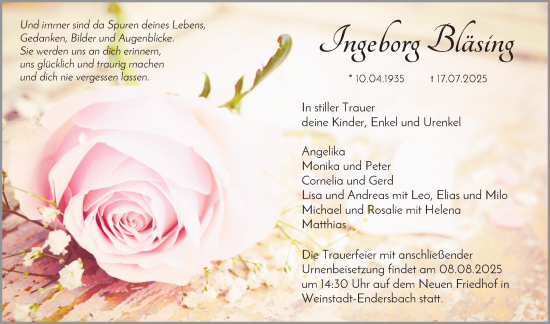 Traueranzeige von Ingeborg Bläsing von Waiblinger Kreiszeitung