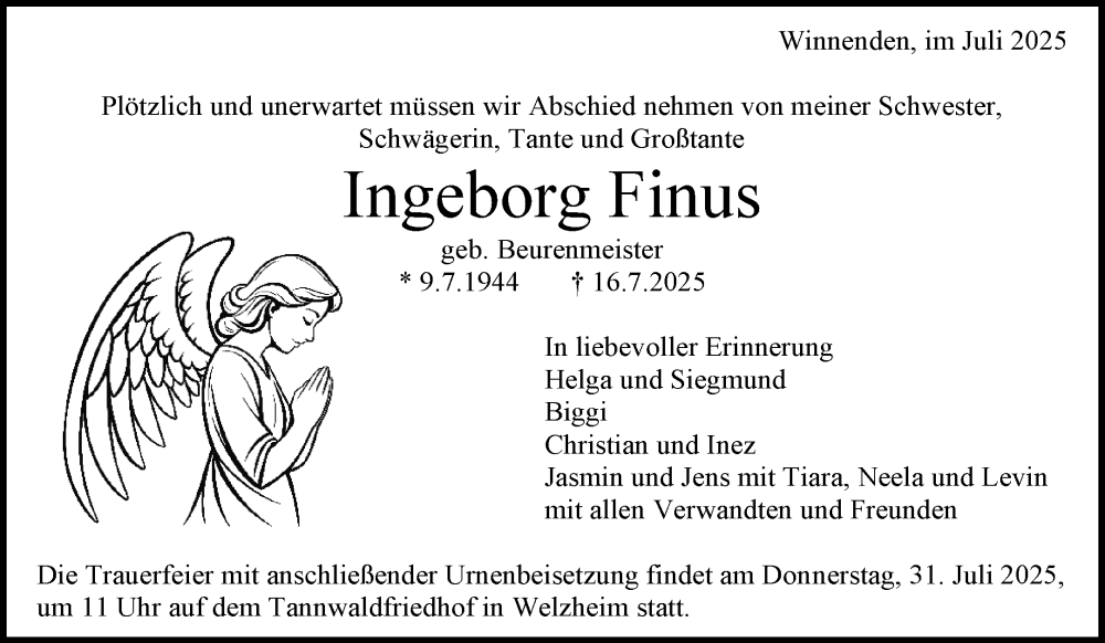 Traueranzeige für Ingeborg Finus vom 24.07.2025 aus Waiblinger Kreiszeitung