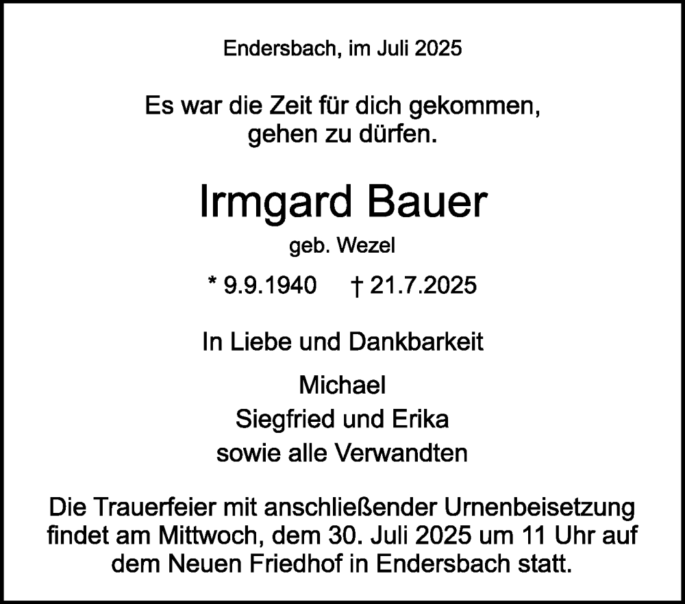  Traueranzeige für Irmgard Bauer vom 26.07.2025 aus Waiblinger Kreiszeitung