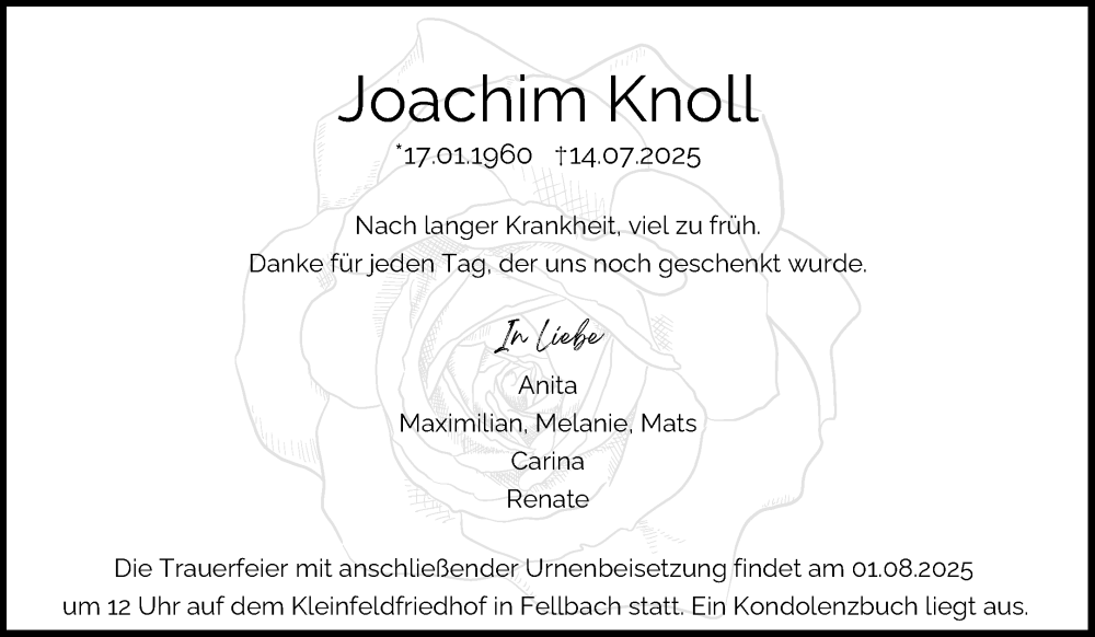  Traueranzeige für Joachim Knoll vom 28.07.2025 aus Waiblinger Kreiszeitung