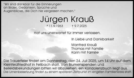 Traueranzeige von Jürgen Kraul von Waiblinger Kreiszeitung