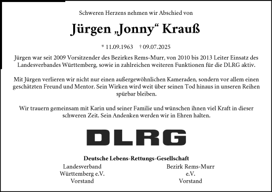 Traueranzeige von Jürgen Krauß von Waiblinger Kreiszeitung