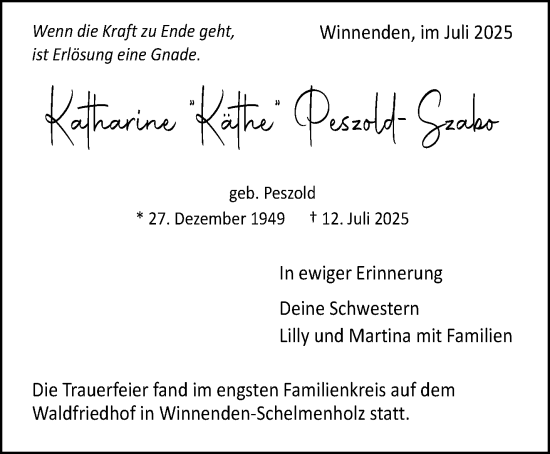 Traueranzeige von Katharine Peszold-Szabo von Waiblinger Kreiszeitung
