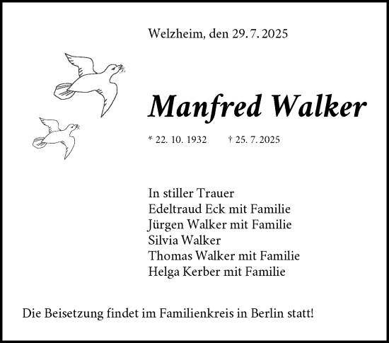 Traueranzeige von Manfred Walker von Waiblinger Kreiszeitung