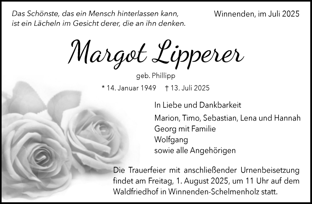  Traueranzeige für Margot Lipperer vom 26.07.2025 aus Waiblinger Kreiszeitung