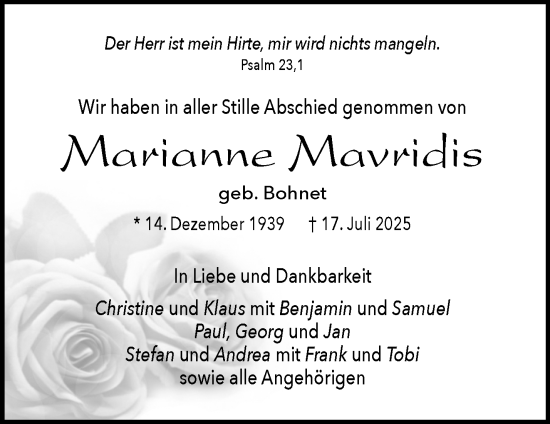 Traueranzeige von Marianne Mavridis von Waiblinger Kreiszeitung