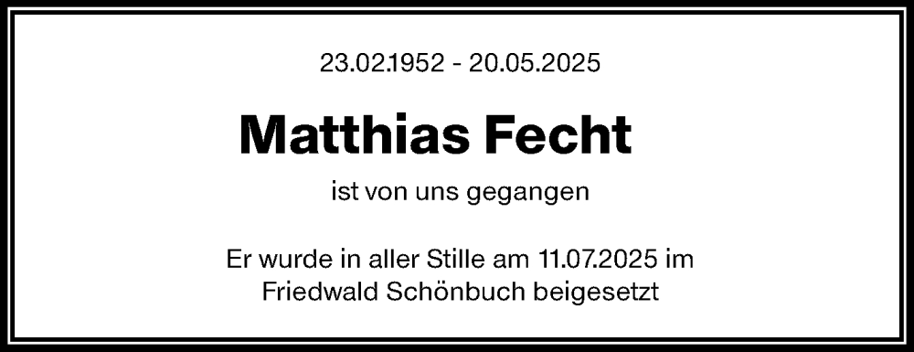  Traueranzeige für Matthias Fecht vom 14.07.2025 aus Waiblinger Kreiszeitung