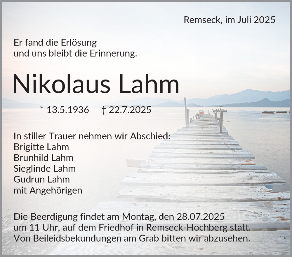  Traueranzeige für Nikolaus Lahm vom 26.07.2025 aus Waiblinger Kreiszeitung