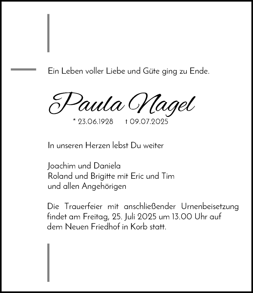  Traueranzeige für Paula Nagel vom 19.07.2025 aus Waiblinger Kreiszeitung