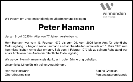Traueranzeige von Peter Hamann von Waiblinger Kreiszeitung