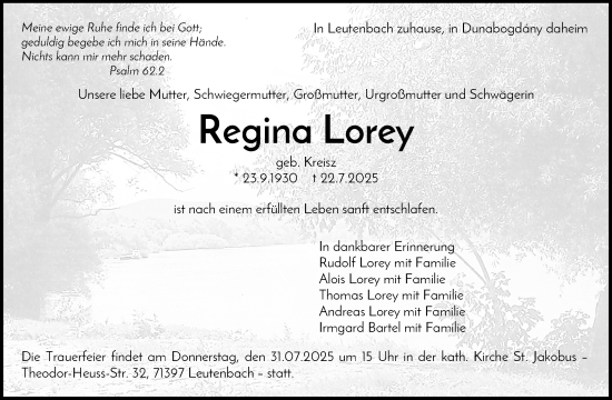 Traueranzeige von Regina Lorey von Waiblinger Kreiszeitung