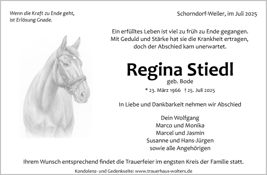 Traueranzeige von Regina Stiedl von Waiblinger Kreiszeitung