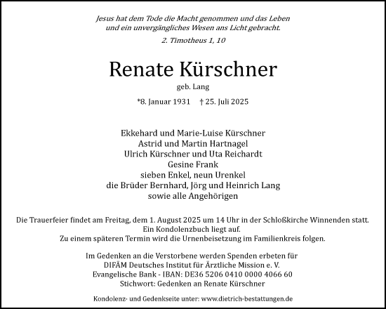 Traueranzeige von Renate Kürschner von Waiblinger Kreiszeitung