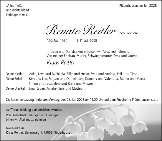 Traueranzeige von Renate Reitler von Waiblinger Kreiszeitung