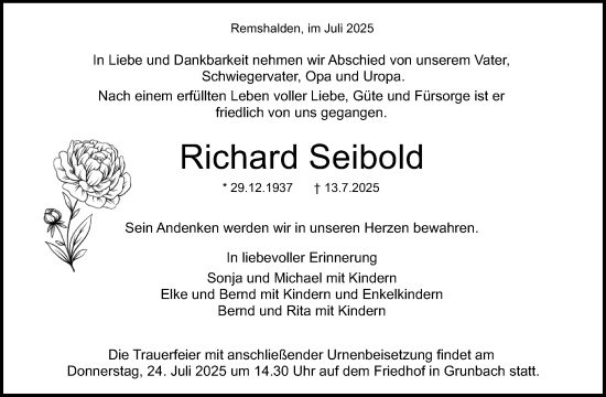 Traueranzeige von Richard Seibold von Waiblinger Kreiszeitung