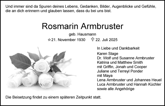 Traueranzeige von Rosmarin Armbruster von Waiblinger Kreiszeitung