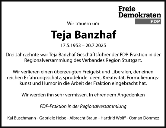 Traueranzeige von Teja Banzhaf von Waiblinger Kreiszeitung