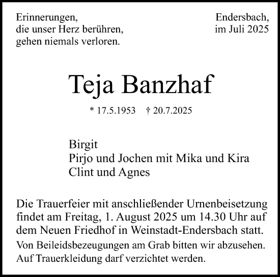 Traueranzeige von Teja Banzhaf von Waiblinger Kreiszeitung