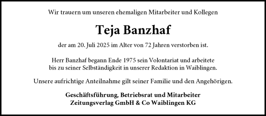 Traueranzeige von Teja Banzhaf von Waiblinger Kreiszeitung