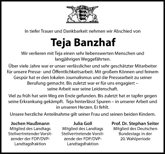 Traueranzeige von Teja Banzhaf von Waiblinger Kreiszeitung