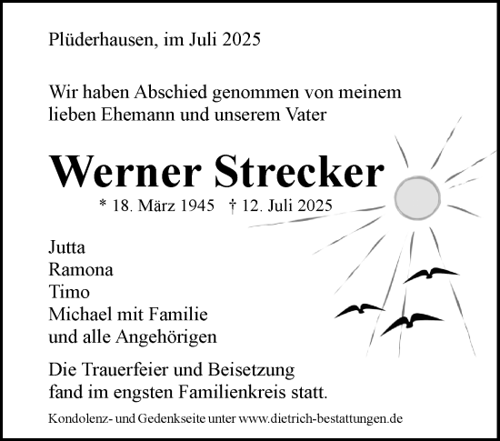 Traueranzeige von Werner Strecker von Waiblinger Kreiszeitung