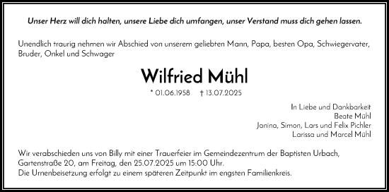 Traueranzeige von Wilfried Mühl von Waiblinger Kreiszeitung