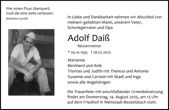 Traueranzeige von Adolf Daiß von Waiblinger Kreiszeitung