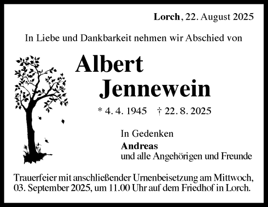 Traueranzeige von Albert Jennewein von Waiblinger Kreiszeitung