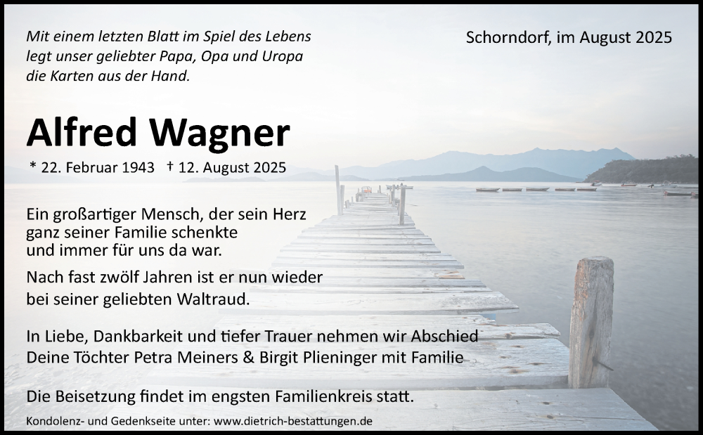  Traueranzeige für Alfred Wagner vom 18.08.2025 aus Waiblinger Kreiszeitung