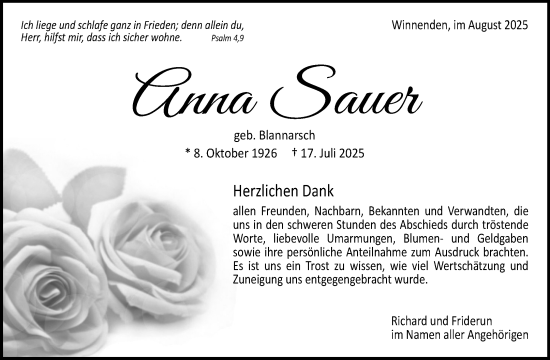 Traueranzeige von Anna Sauer von Waiblinger Kreiszeitung