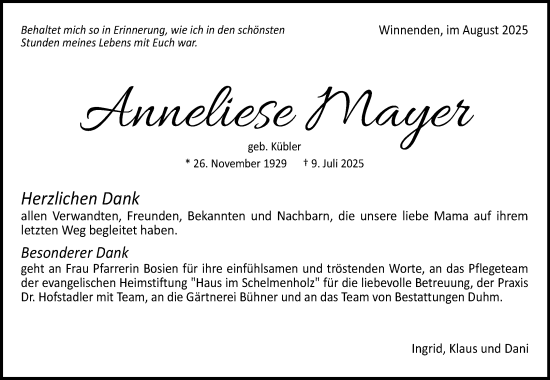 Traueranzeige von Anneliese Mayer von Waiblinger Kreiszeitung