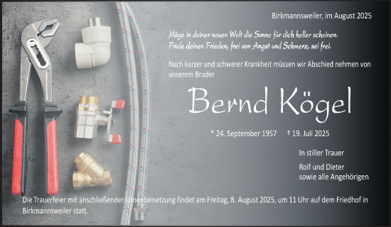 Traueranzeige von Bernd Kögel von Waiblinger Kreiszeitung