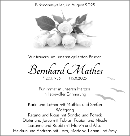 Traueranzeige von Bernhard Mathes von Waiblinger Kreiszeitung