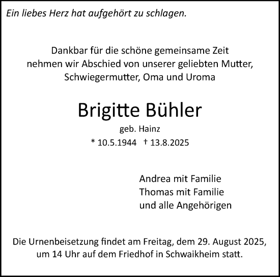 Traueranzeige von Brigitte Bühler von Waiblinger Kreiszeitung