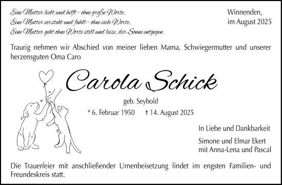 Traueranzeige von Carola Schick von Waiblinger Kreiszeitung
