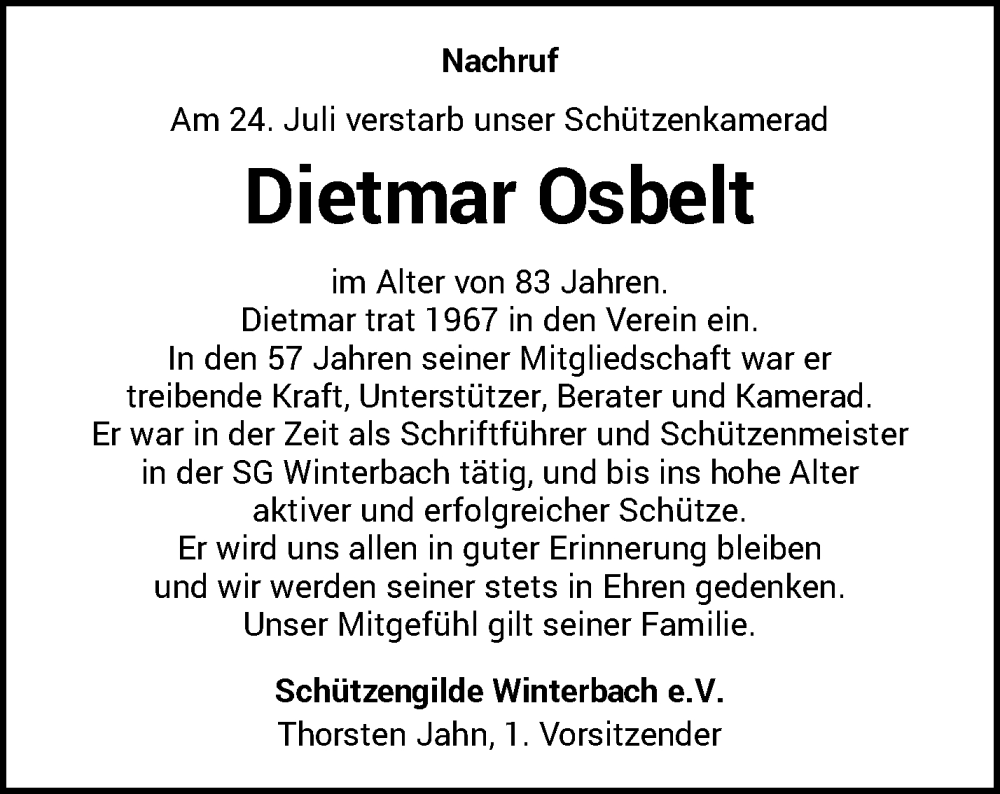  Traueranzeige für Dietmar Osbelt vom 01.08.2025 aus Waiblinger Kreiszeitung