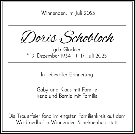 Traueranzeige von Doris Schobloch von Waiblinger Kreiszeitung